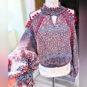 STORETS Cold Shoulder Pom Pom  Multicolor Ballon Sleeve Blouse Size MEDIUM